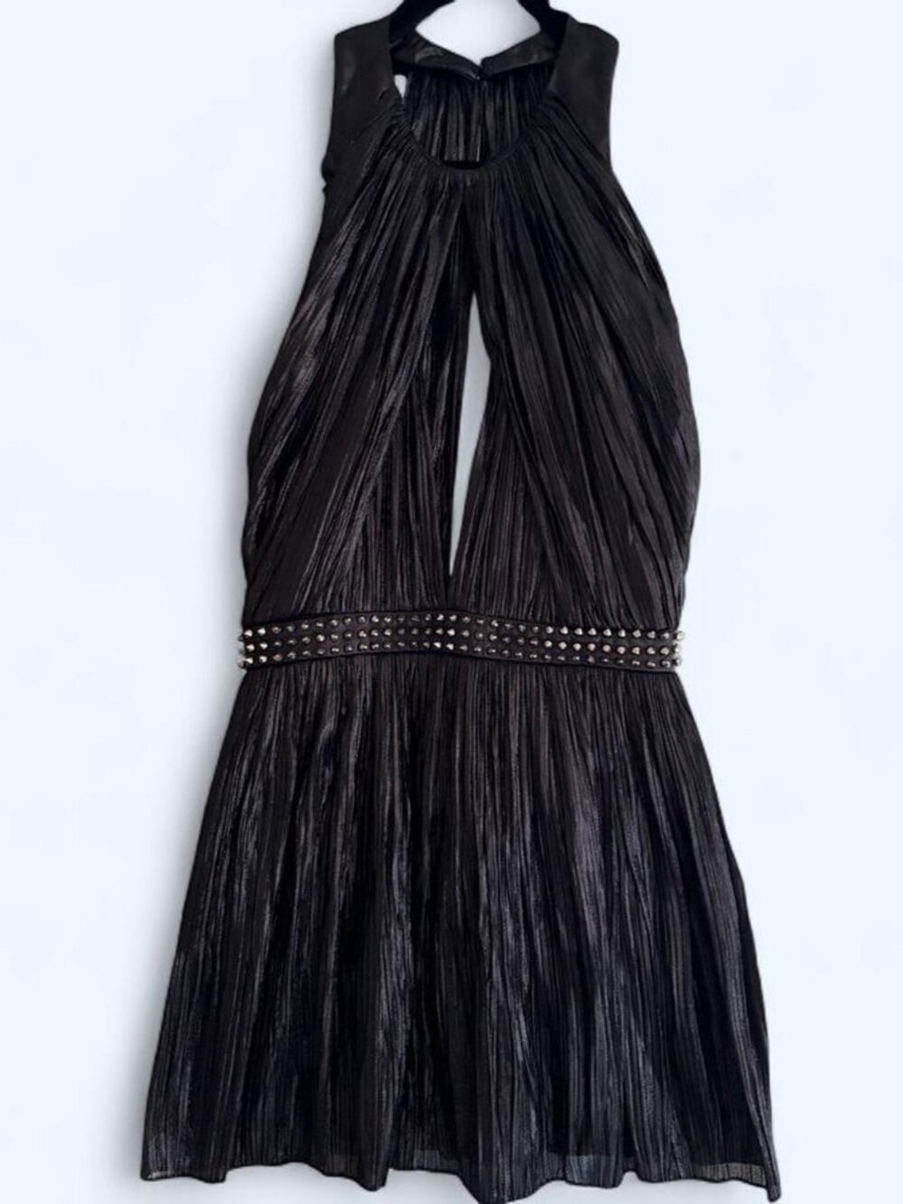 Philipp Plein black metallic pleated mini dress / romper with built-in studded l